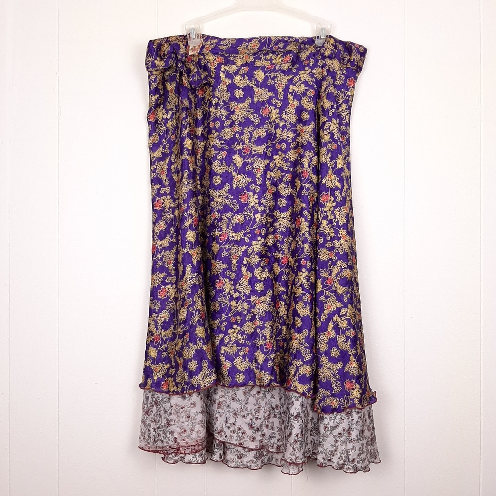 Silk Nepalese midi sari wrap skirt layered ditsy floral boho festival Nepal - Picture 2 of 6